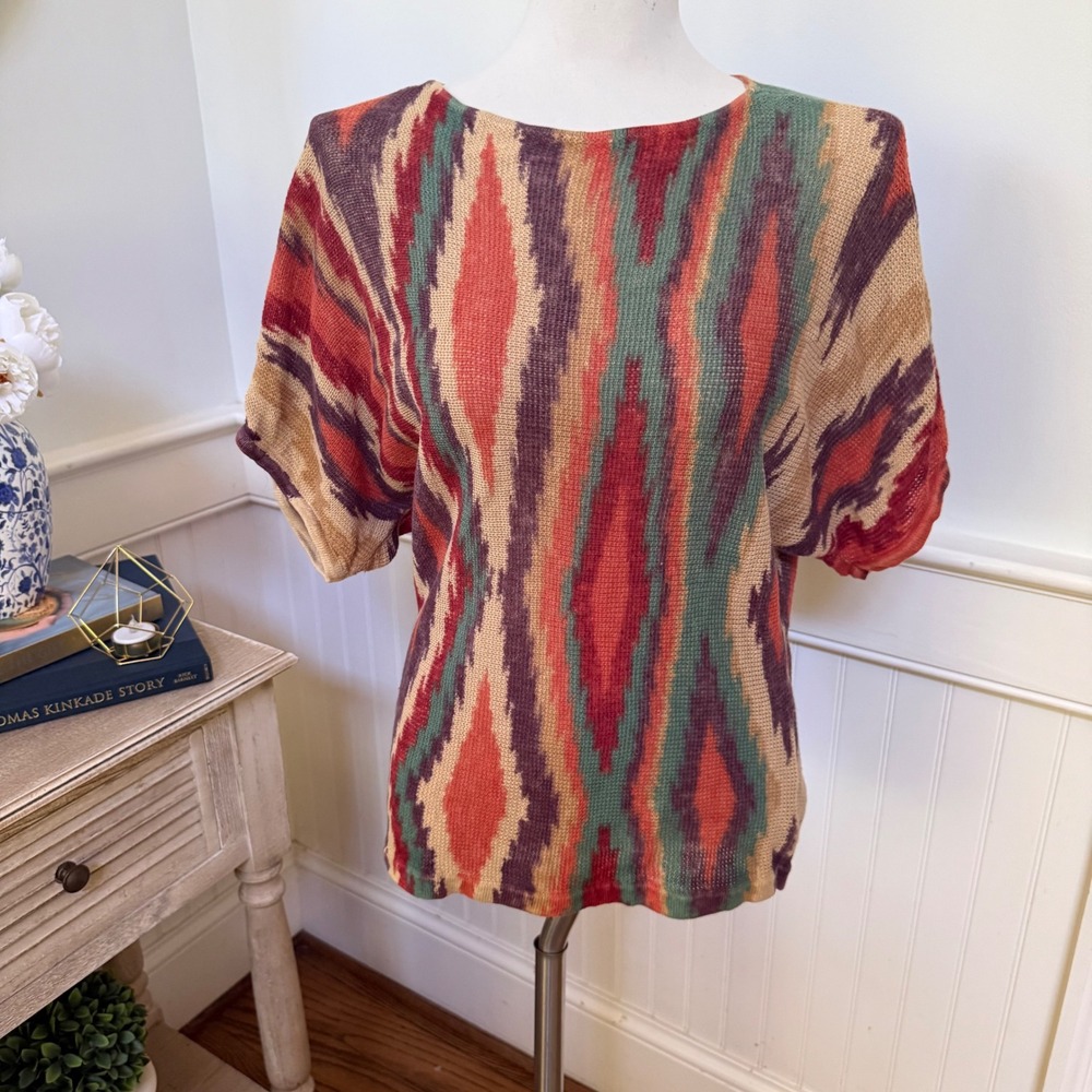 Lauren Ralph Lauren Womens Linen Cotton Ikat Southwestern Short Sleeve Sweater S